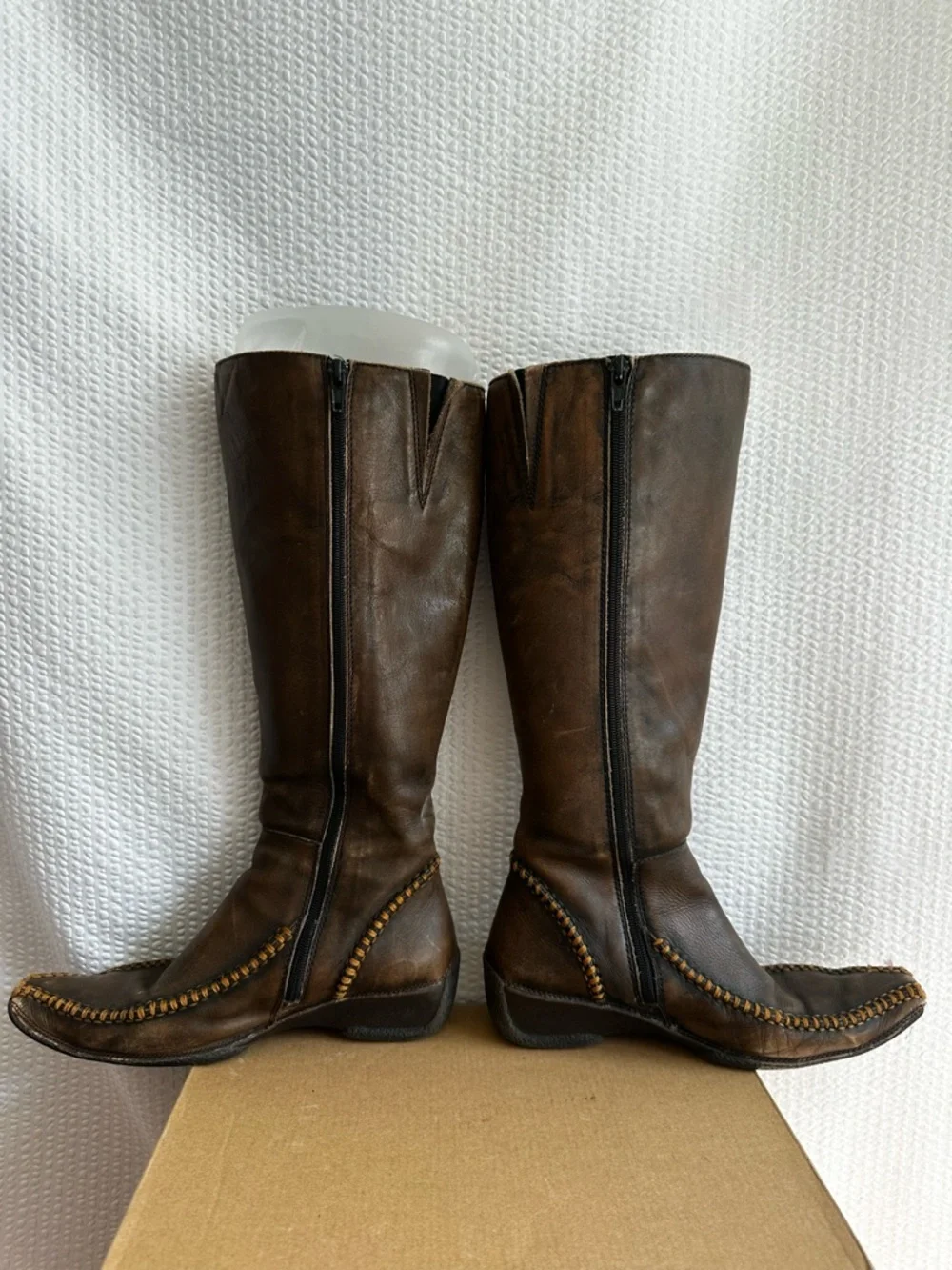 Pikolinos Brown Distressed Leather Tall Boots Whipstitch Side Zip Women’s EU 38